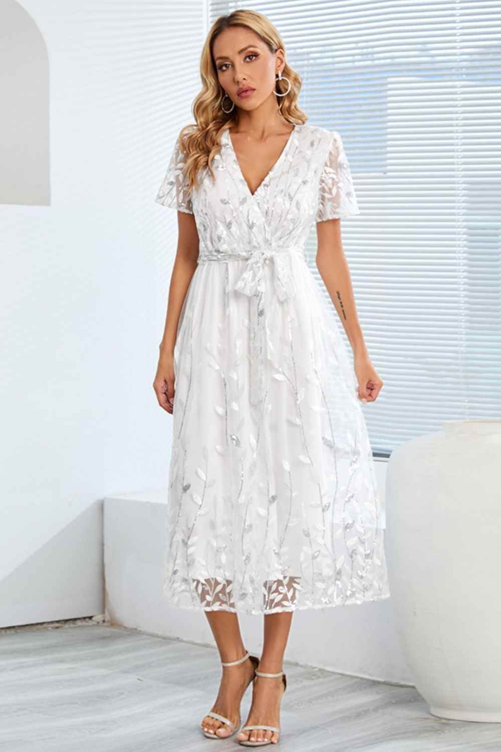 Sequin Leaf Embroidery Tie Front Short Sleeve Dress for a perfect OOTD – dress to impress outfits from Amexza