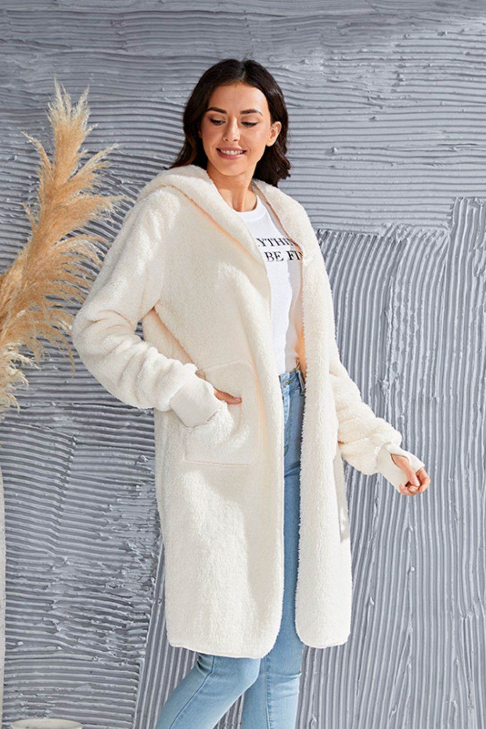 Double Take Full Size Hooded Teddy Bear Jacket with Thumbholes for a perfect OOTD – dress to impress outfits from Amexza