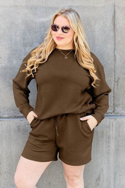 Double Take Full Size Texture Long Sleeve Top and Drawstring Shorts Set for a perfect OOTD – dress to impress outfits from Amexza