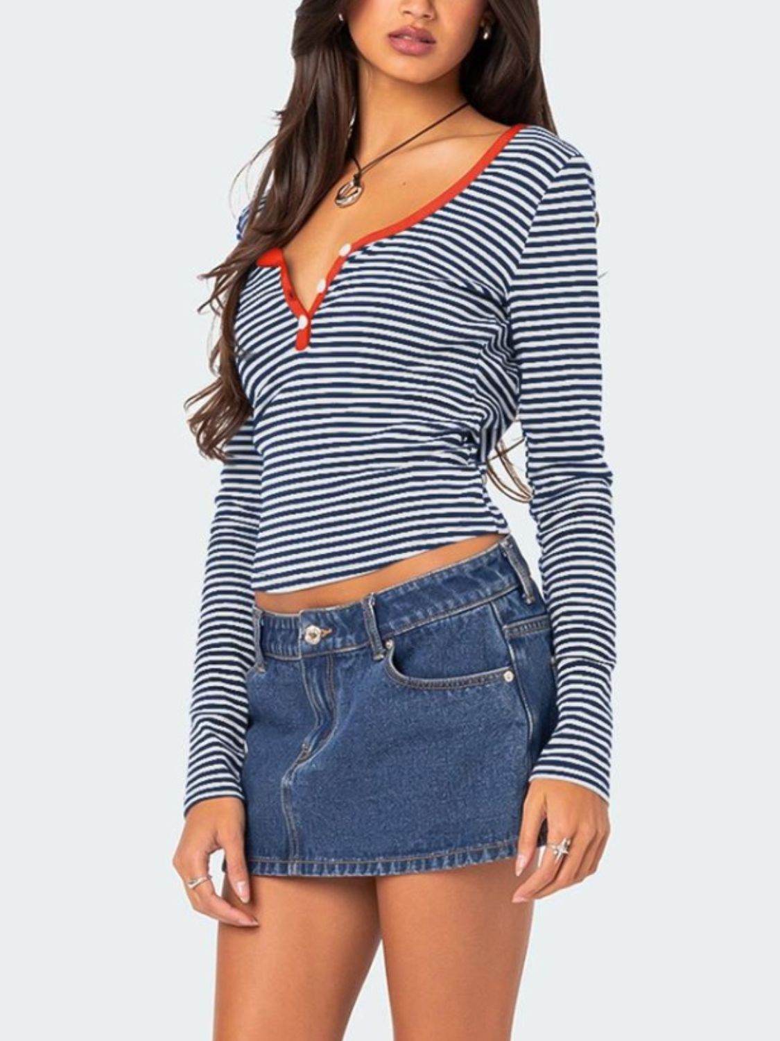 Buttoned Striped Long Sleeve T-Shirt for a perfect OOTD – dress to impress outfits from Amexza