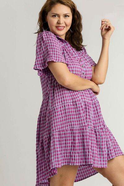 Umgee Full Size Gingham Tiered Button Detail Short Sleeve Dress Plus Size for a perfect OOTD – dress to impress outfits from Amexza