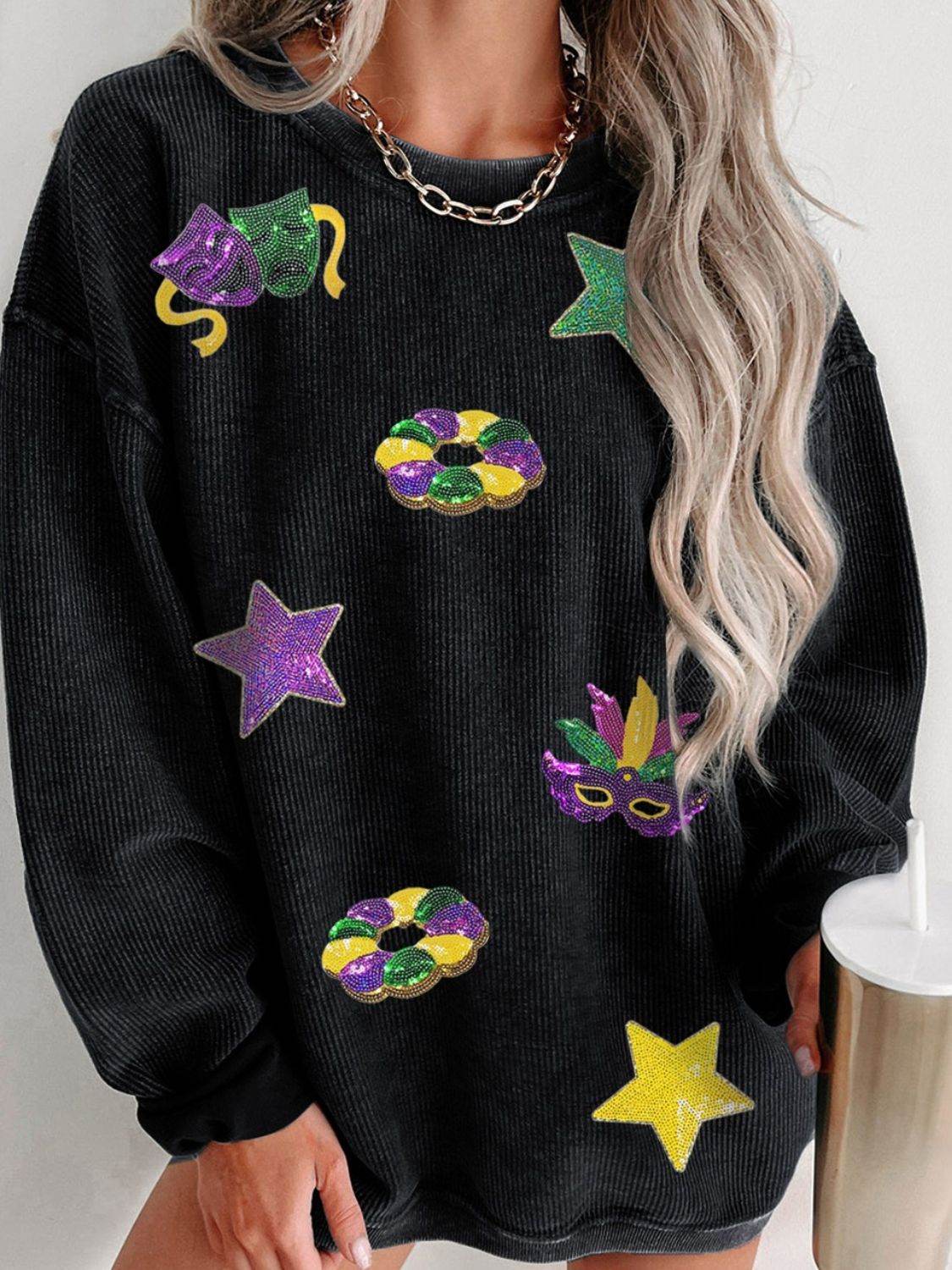 Sequin Round Neck Long Sleeve Sweatshirt - Amexza