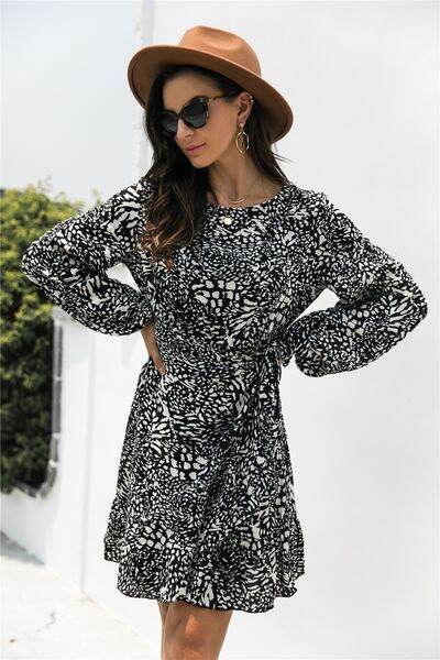 Animal Print Round Neck Balloon Sleeve Mini Dress for a perfect OOTD – dress to impress outfits from Amexza