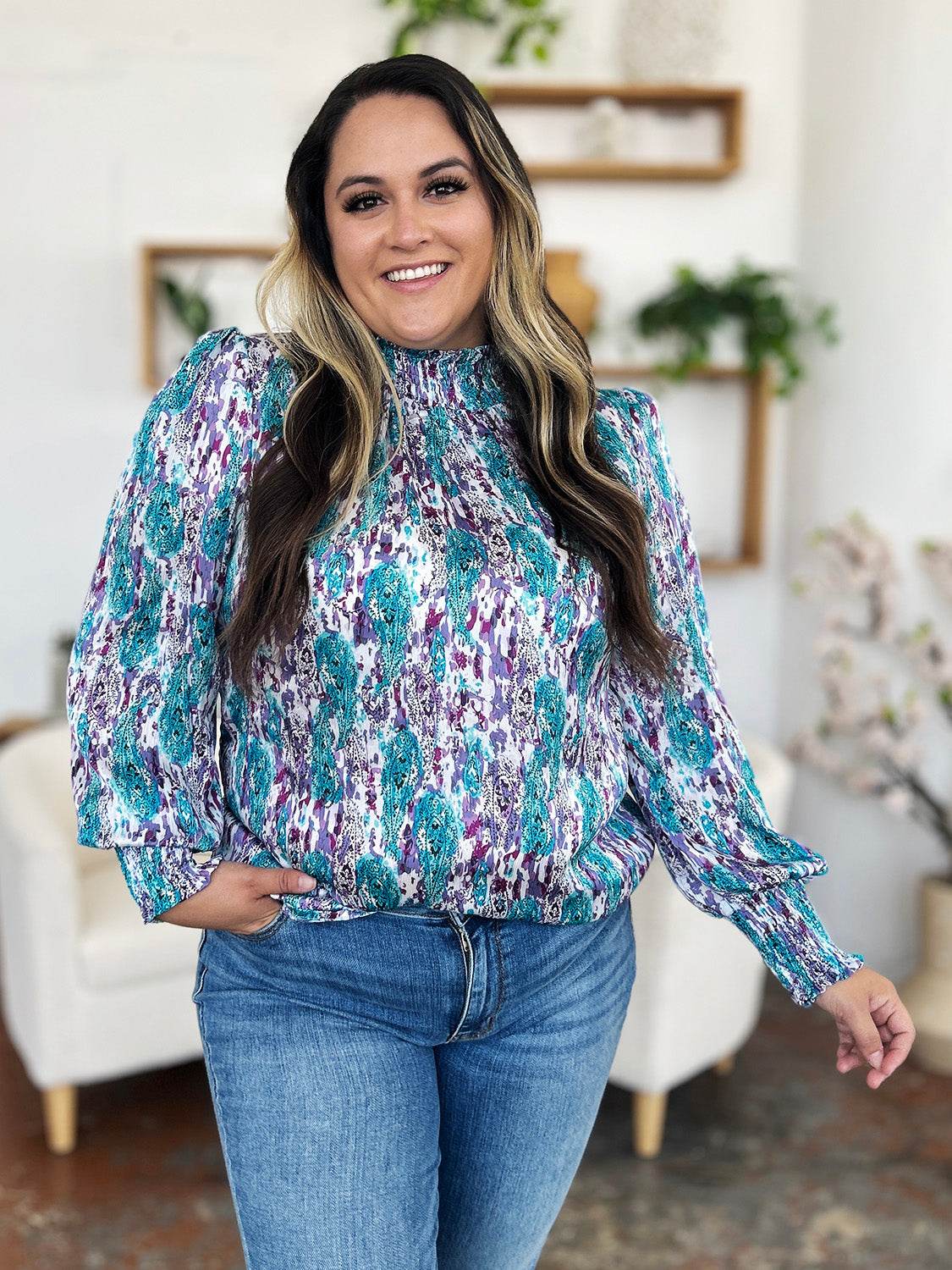 Double Take Full Size Printed Smocked Long Sleeve Blouse for a perfect OOTD – dress to impress outfits from Amexza