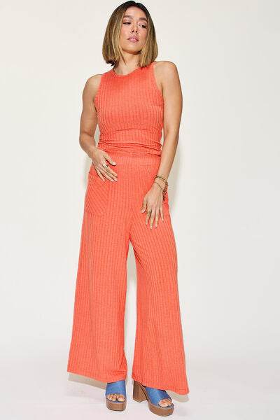 Basic Bae Full Size Ribbed Tank and Wide Leg Pants Set Orange for a perfect OOTD – dress to impress outfits from Amexza