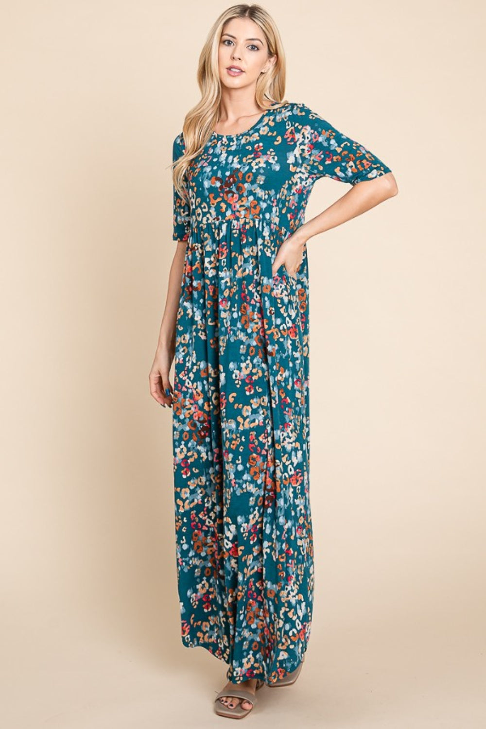 BOMBOM Printed Shirred Maxi Dress - Teal / S