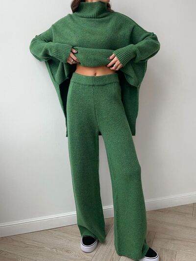 Slit Turtleneck Long Sleeve Top and Pants Sweater Set for a perfect OOTD – dress to impress outfits from Amexza