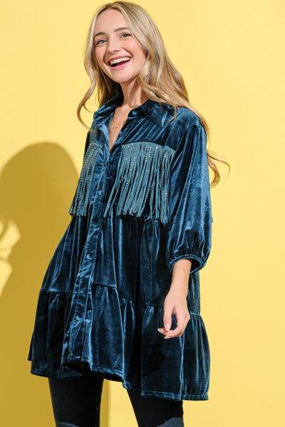 And The Why Fringe Detailed Velvet Shirt Dress for a perfect OOTD – dress to impress outfits from Amexza