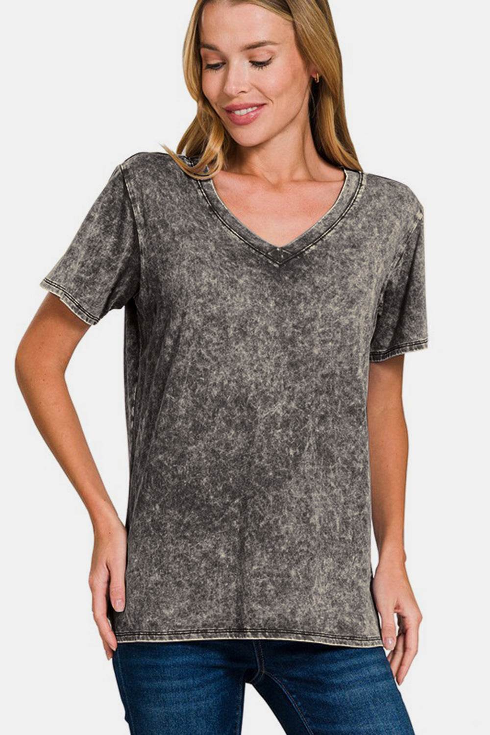 Zenana Full Size Washed Short Sleeve V-Neck T-Shirt Dark Gray for a perfect OOTD – dress to impress outfits from Amexza