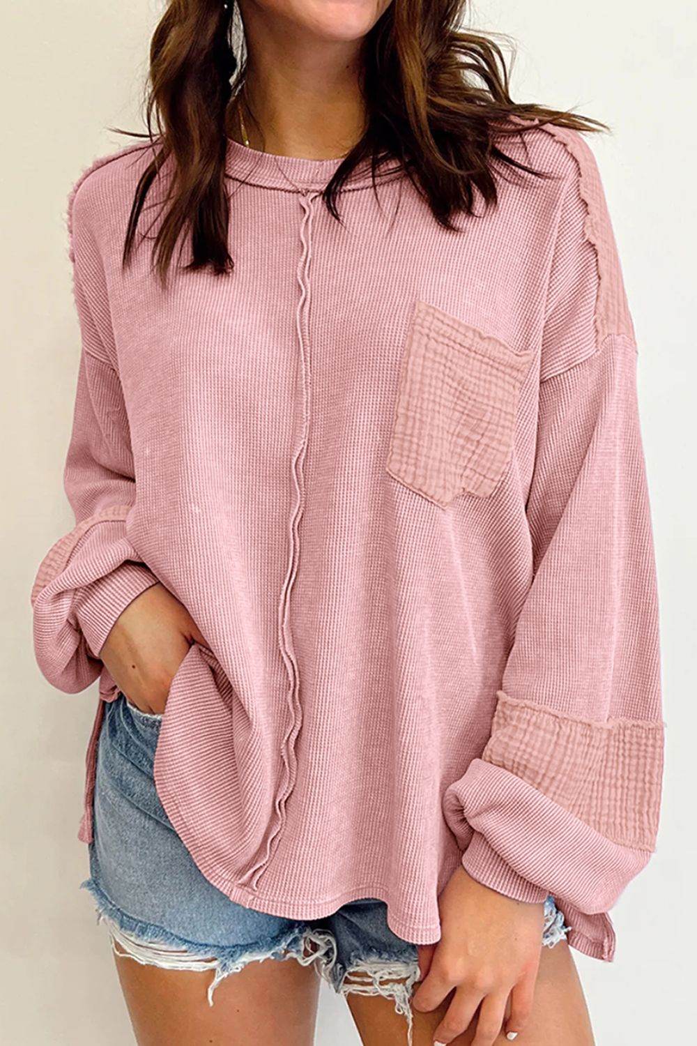 Exposed Seam Round Neck Long Sleeve Sweatshirt - Amexza