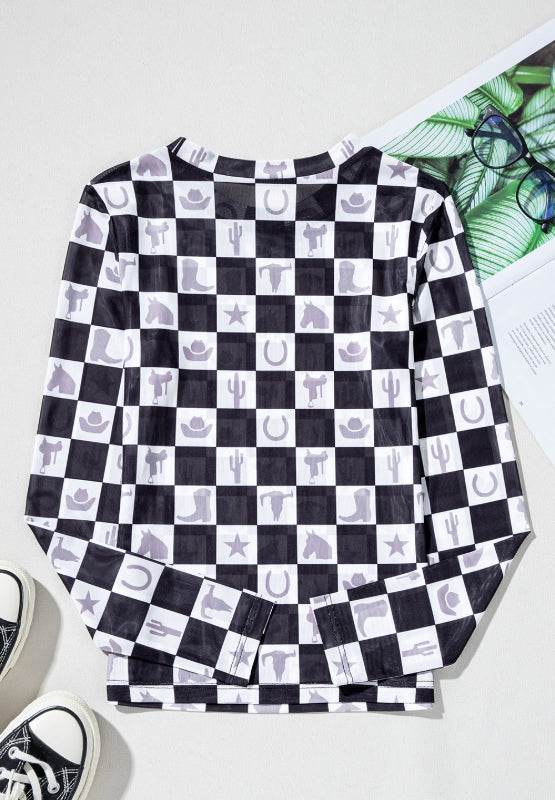 Checkered Mock Neck Long Sleeve Top for a perfect OOTD – dress to impress outfits from Amexza