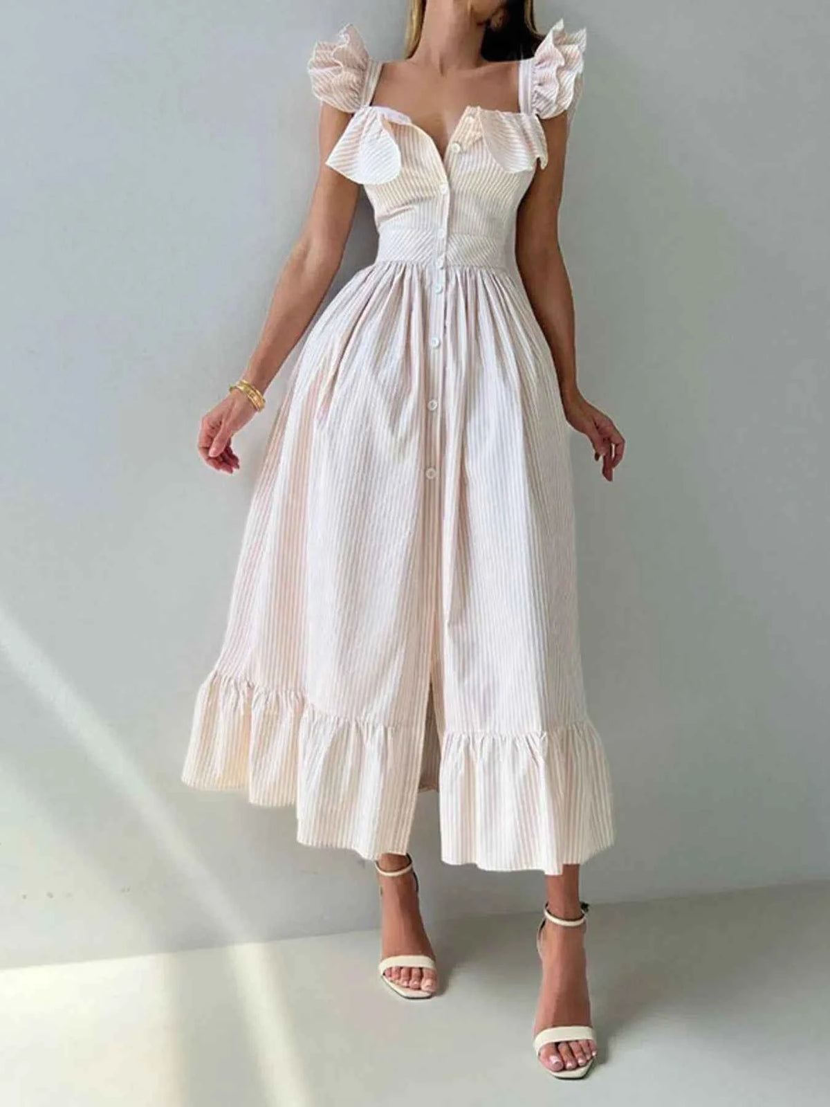 Ruffled Striped Square Neck Dress