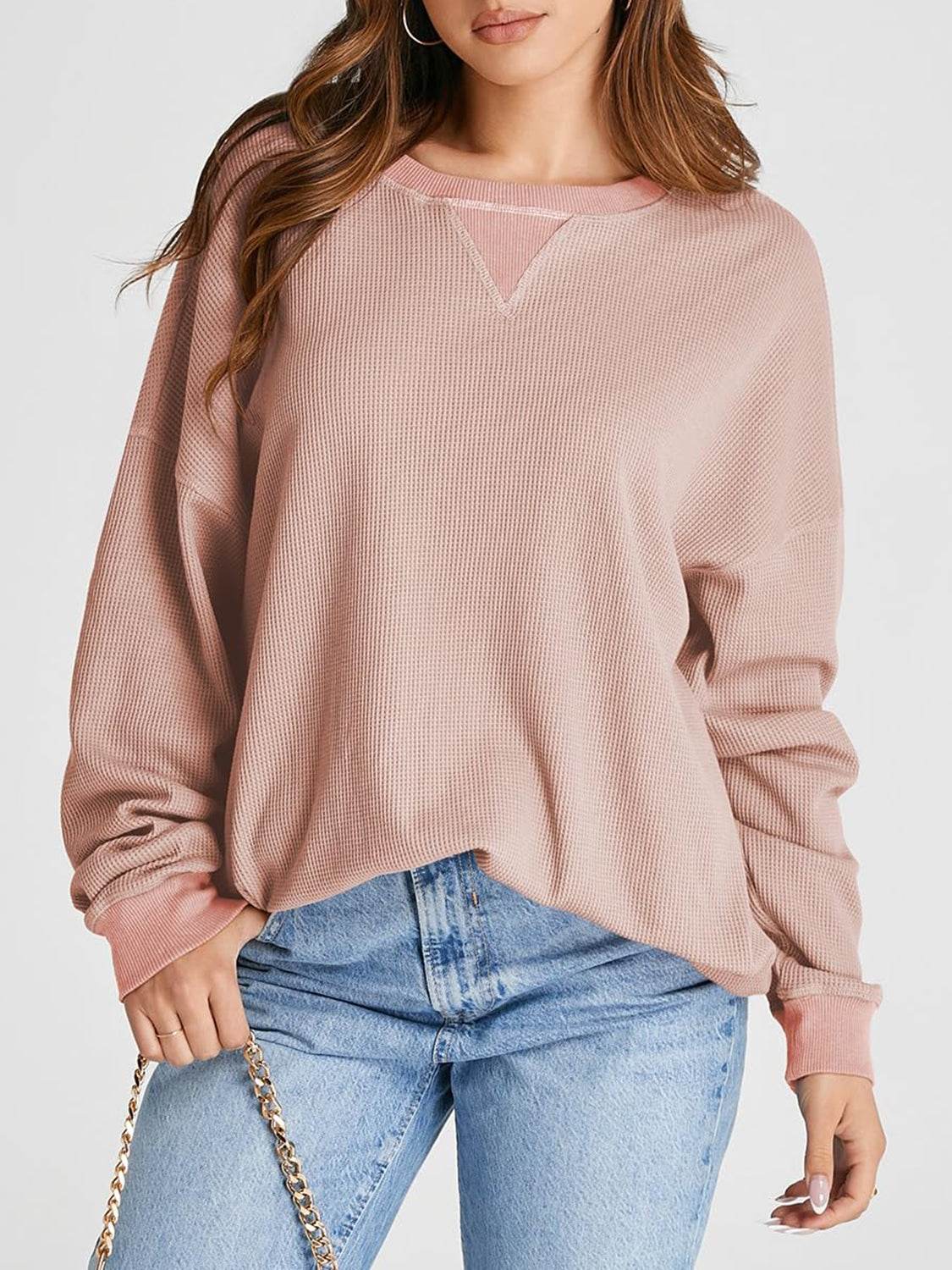 Waffle Knit Round Neck Long Sleeve T-Shirt Pale Blush for a perfect OOTD – dress to impress outfits from Amexza