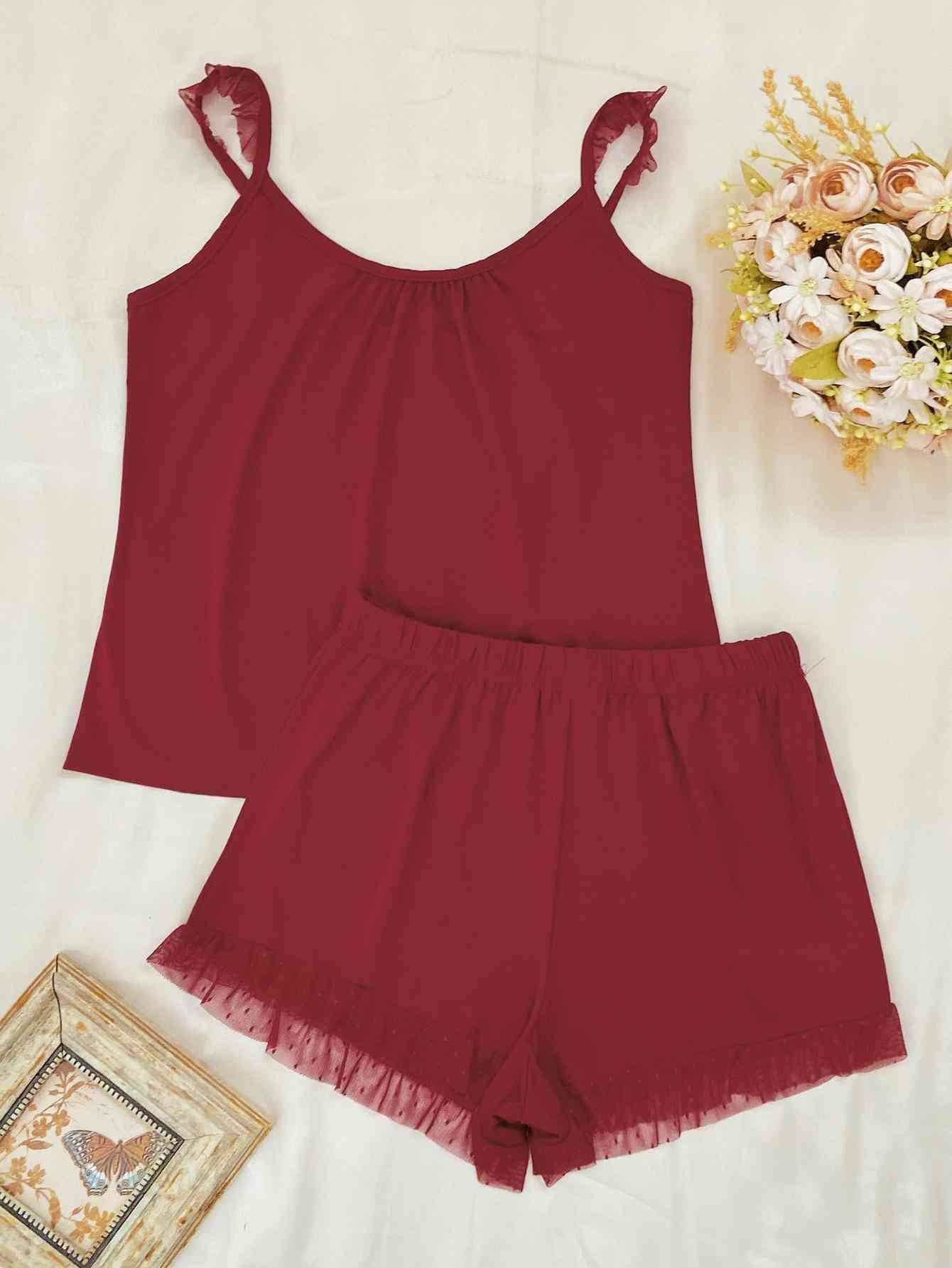 Gathered Detail Spliced Mesh Sleeveless Top and Shorts Lounge Set Red for a perfect OOTD – dress to impress outfits from Amexza