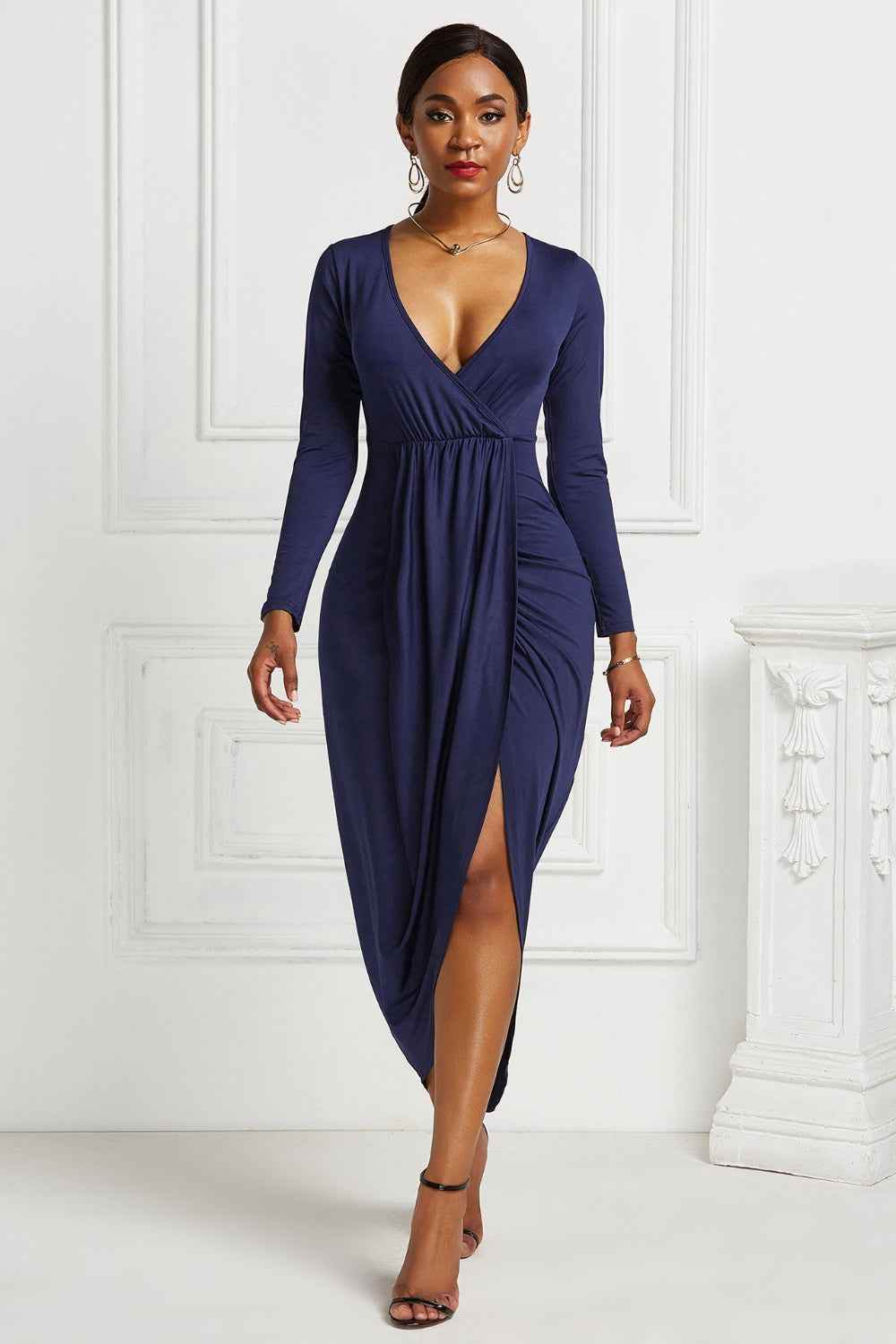 High-low Ruched Surplice Long Sleeve Dress Navy for a perfect OOTD – dress to impress outfits from Amexza