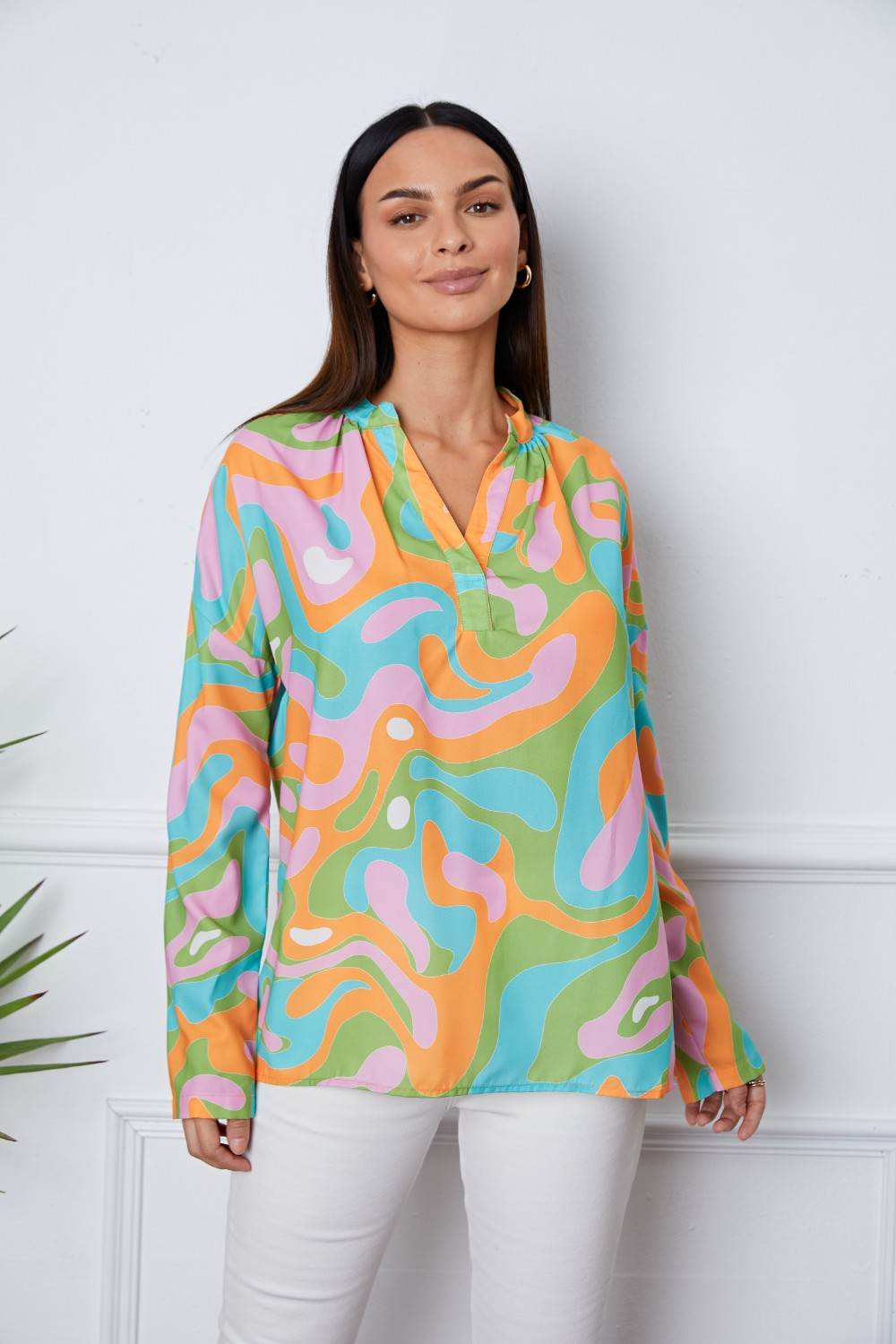 Printed Notched Long Sleeve Blouse Multicolor for a perfect OOTD – dress to impress outfits from Amexza