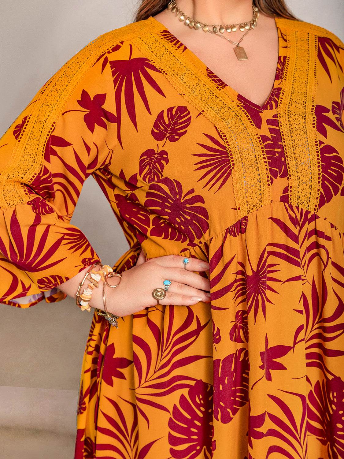 Plus Size Lace Detail Printed V-Neck Maxi Dress - Amexza