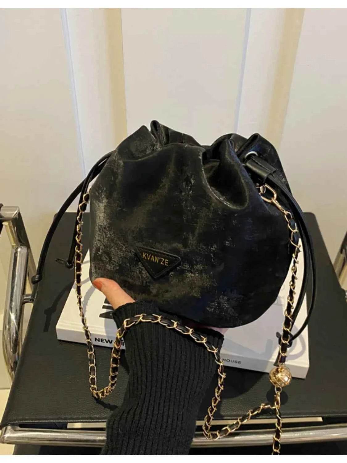 Drawstring Chain Strap Bucket Bag Black One Size for a perfect OOTD – dress to impress outfits from Amexza
