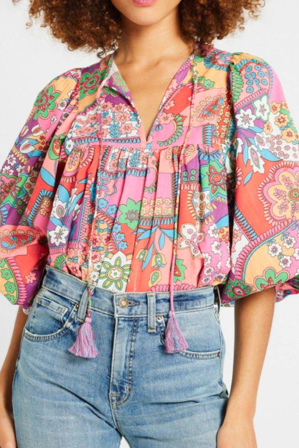 Printed Tie Neck Three-Quarter Sleeve Blouse Floral for a perfect OOTD – dress to impress outfits from Amexza