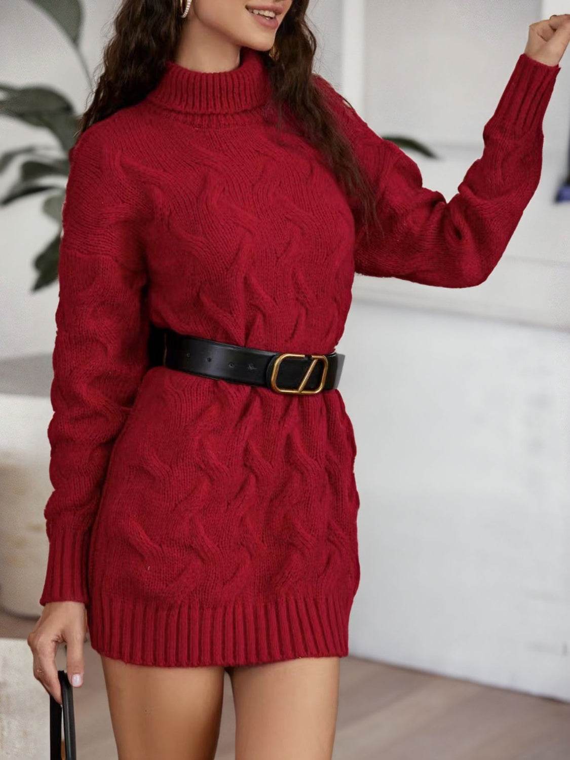 Cable-Knit Turtleneck Sweater Dress Burgundy for a perfect OOTD – dress to impress outfits from Amexza