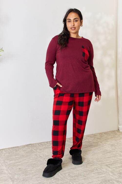 Zenana Full Size Plaid Round Neck Top and Pants Pajama Set Dark Burgundy for a perfect OOTD – dress to impress outfits from Amexza