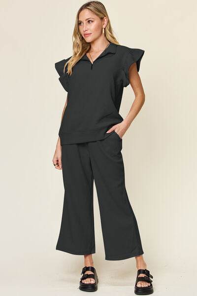 Double Take Texture Ruffle Short Sleeve Top and Drawstring Wide Leg Pants Set Black for a perfect OOTD – dress to impress outfits from Amexza