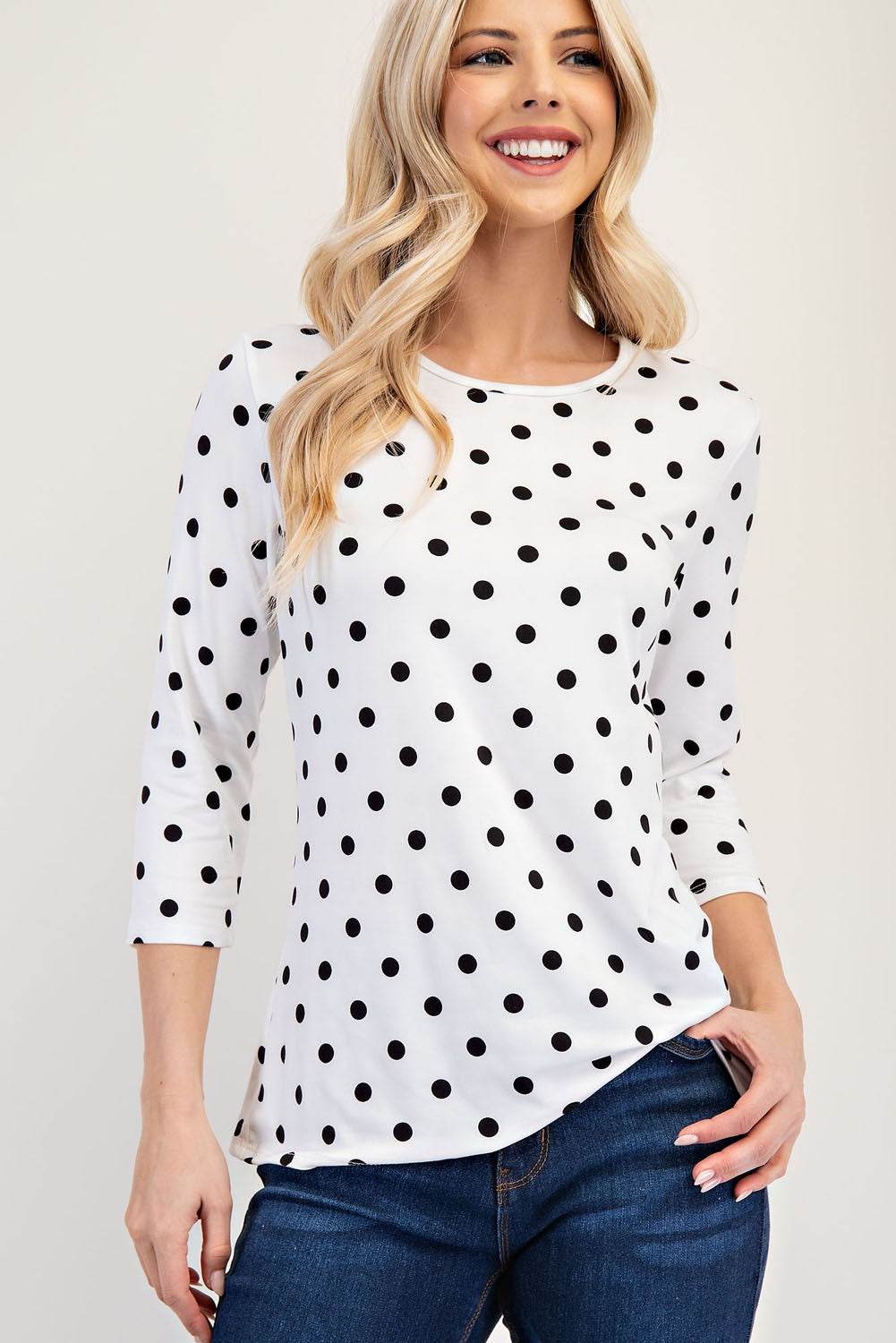 Celeste Full Size Polka Dot Round Neck Three-Quarter Sleeve T-Shirt for a perfect OOTD – dress to impress outfits from Amexza