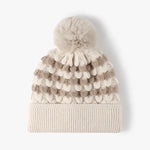Striped Contrast Knit Hat with Pom-pom Beige One Size for a perfect OOTD – dress to impress outfits from Amexza