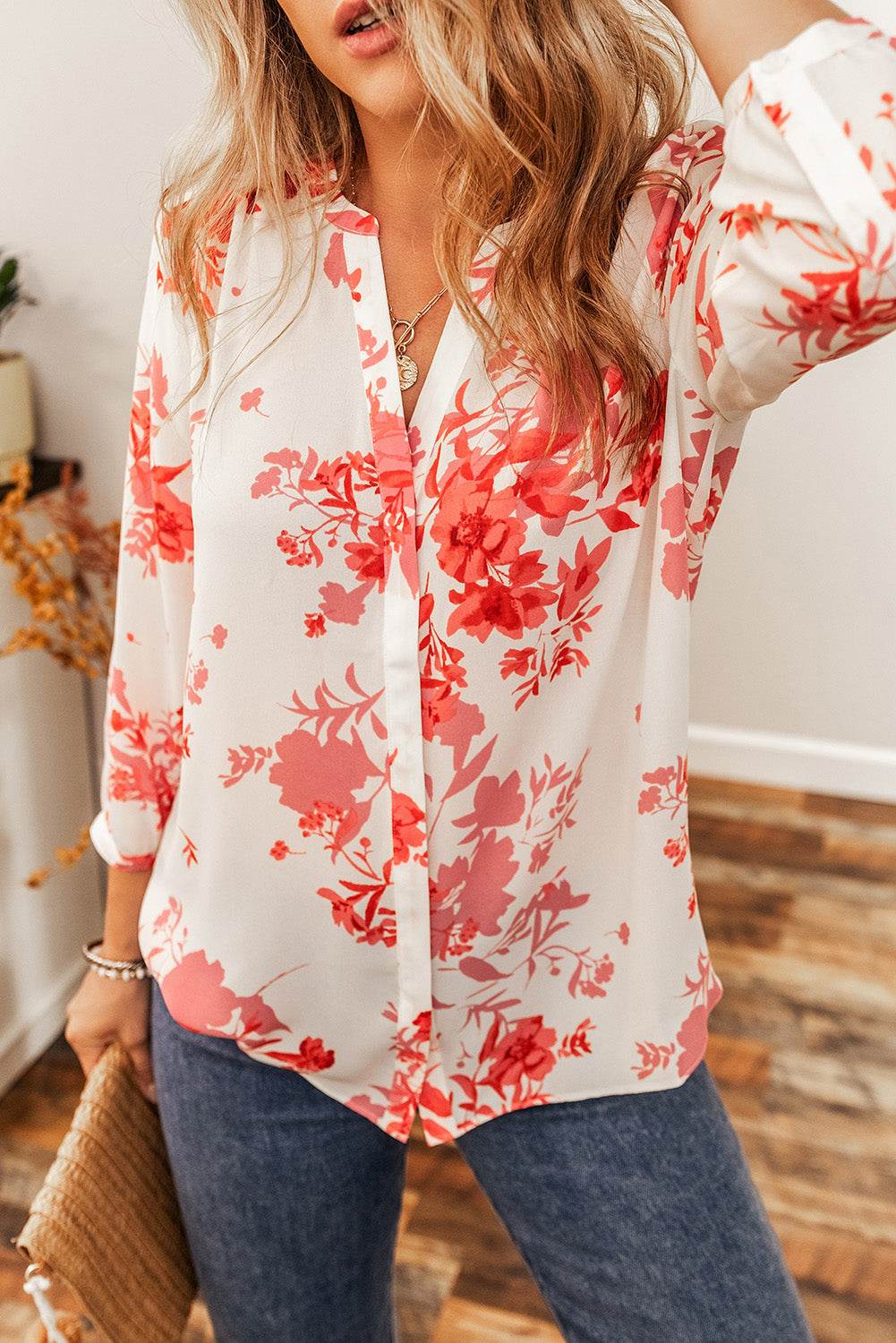 Floral Notched Long Sleeve Blouse for a perfect OOTD – dress to impress outfits from Amexza