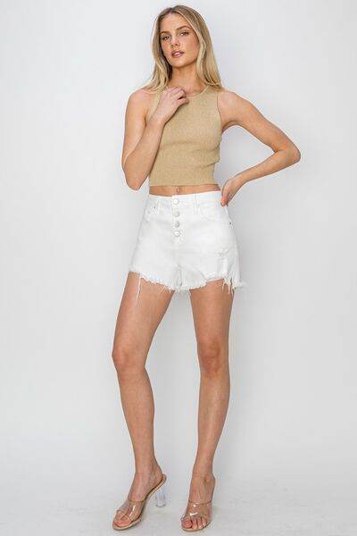 RISEN Button Fly Frayed Hem Denim Shorts for a perfect OOTD – dress to impress outfits from Amexza