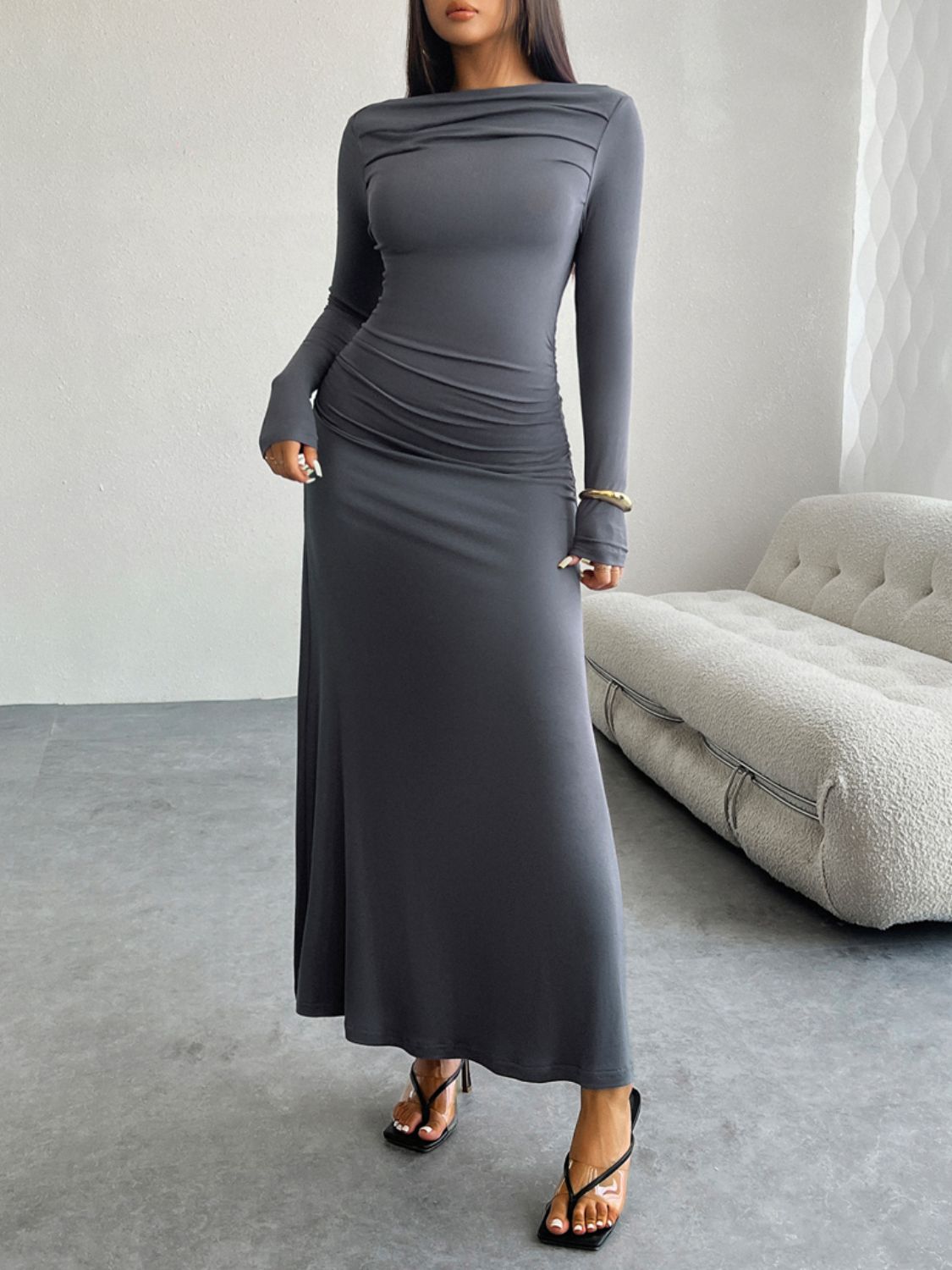 Devine Ruched Long Sleeve Maxi Dress - Dark Gray / S