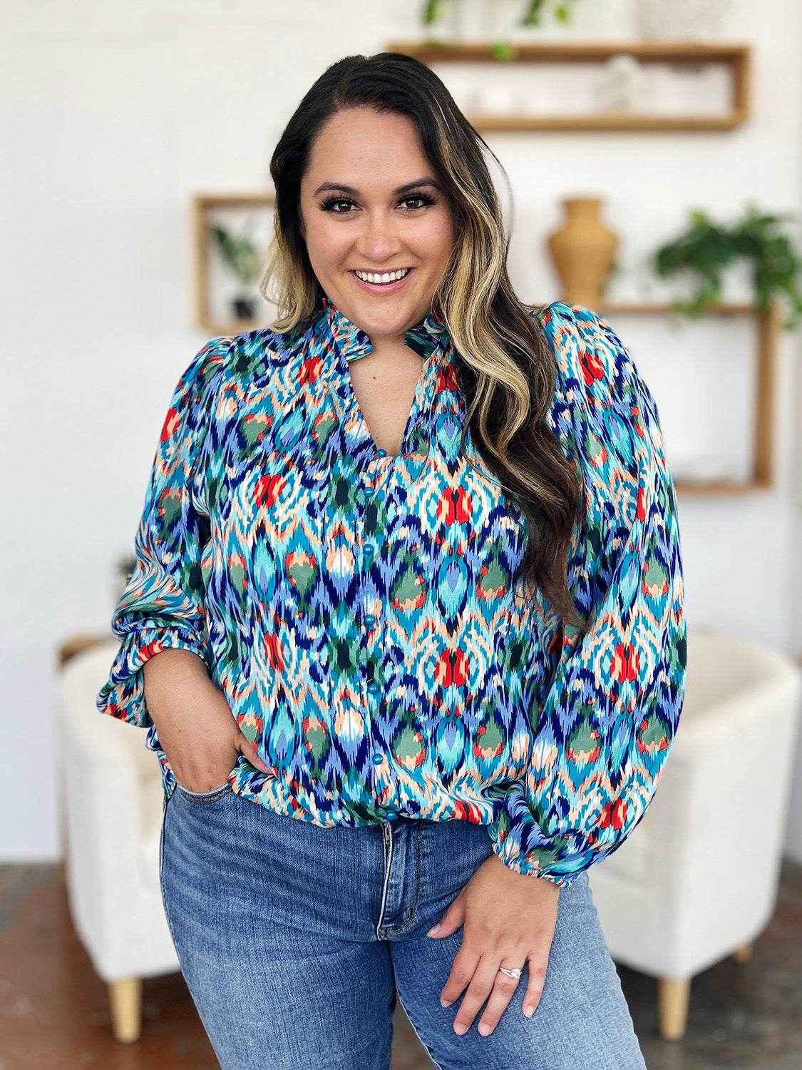 Double Take Full Size Printed Balloon Sleeve Blouse for a perfect OOTD – dress to impress outfits from Amexza