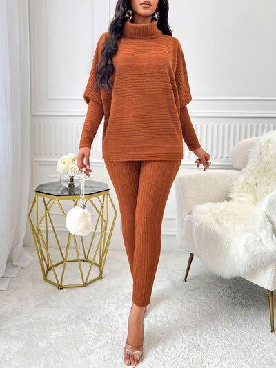 Turtleneck Batwing Sleeve Top and Pants Set - Amexza