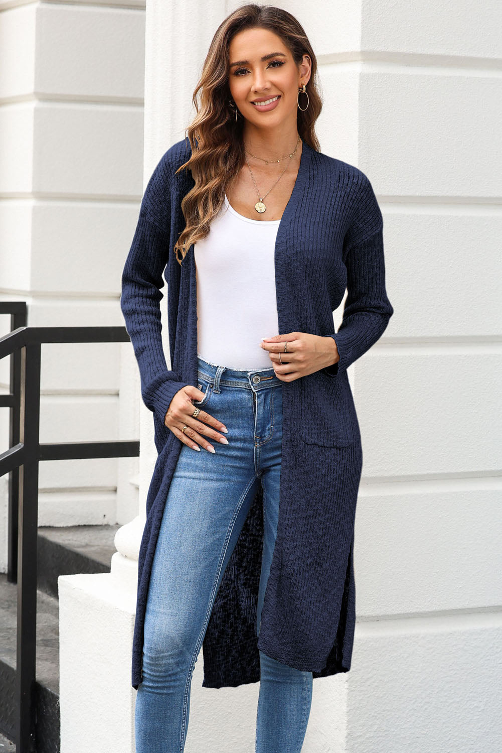 Open Front Slit Cardigan with Pockets for a perfect OOTD – dress to impress outfits from Amexza