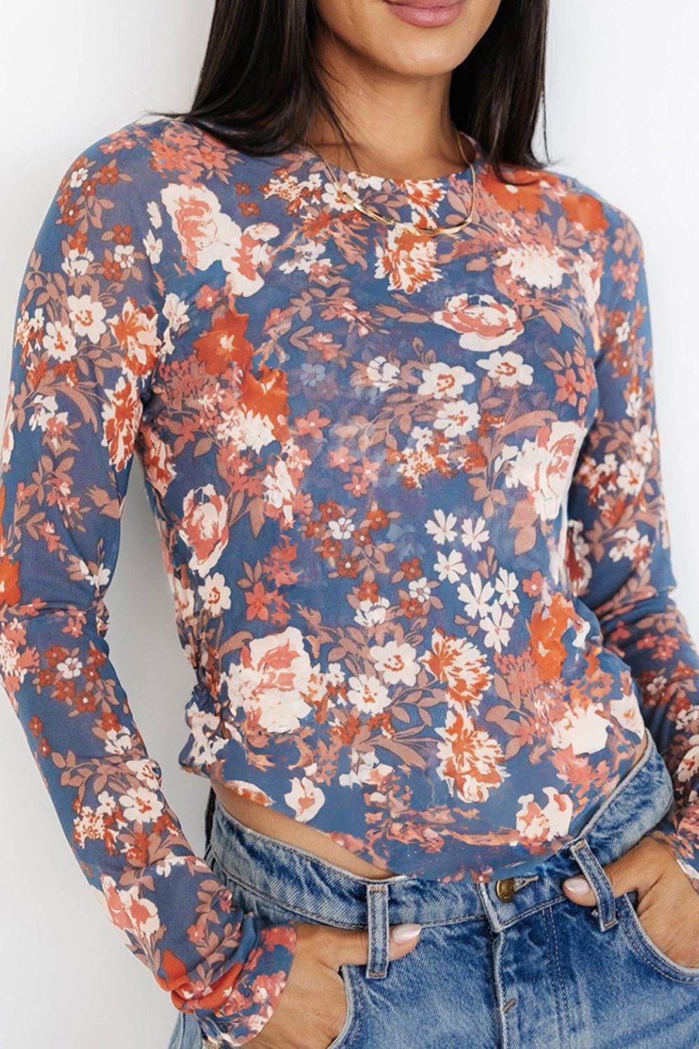 Floral Round Neck Long Sleeve T-Shirt - Amexza