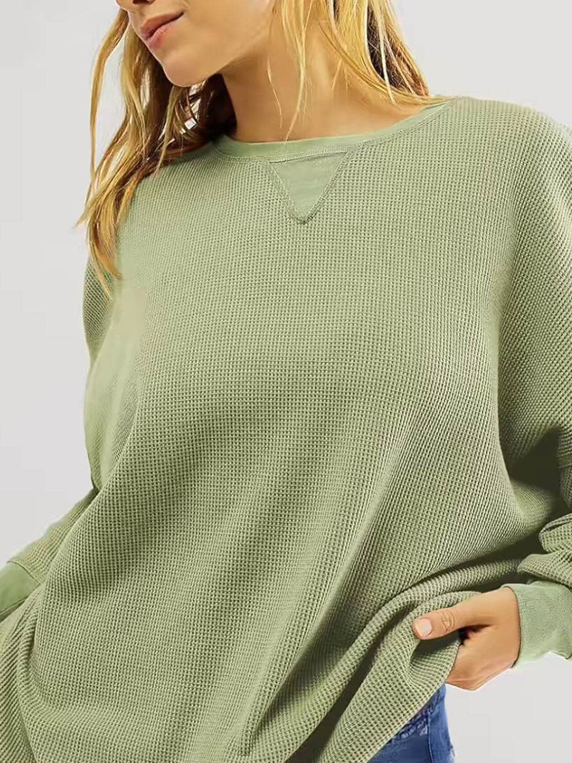 Waffle Knit Round Neck Long Sleeve T-Shirt Sage for a perfect OOTD – dress to impress outfits from Amexza