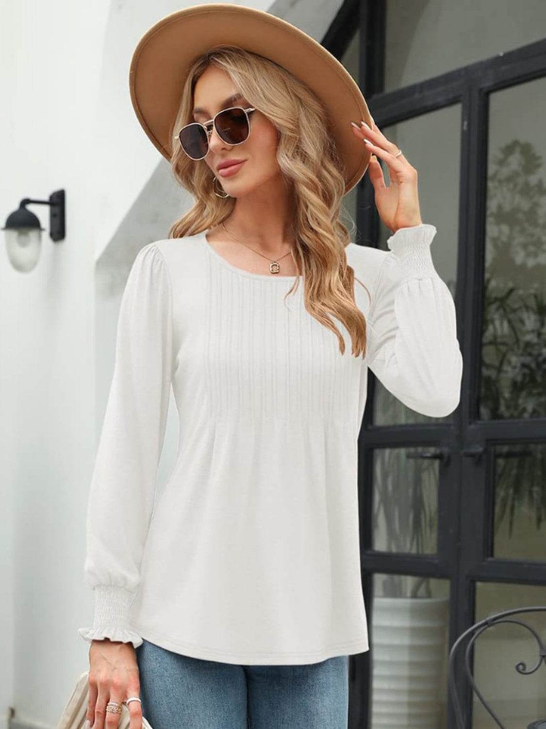 Smocked Round Neck Lantern Sleeve Blouse - Amexza