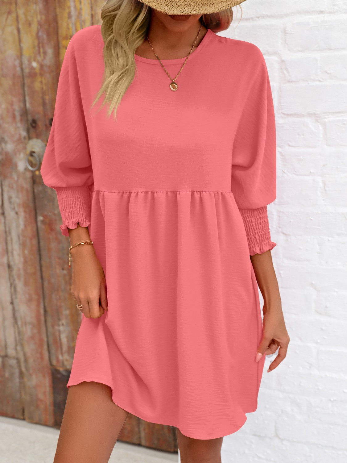 Round Neck Lantern Sleeve Mini Dress - Coral / S