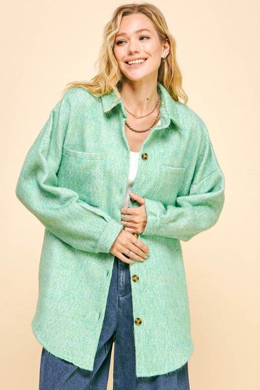 Davi & Dani Curved Hem Heathered Dropped Shoulder Shacket MINT GREEN for a perfect OOTD – dress to impress outfits from Amexza