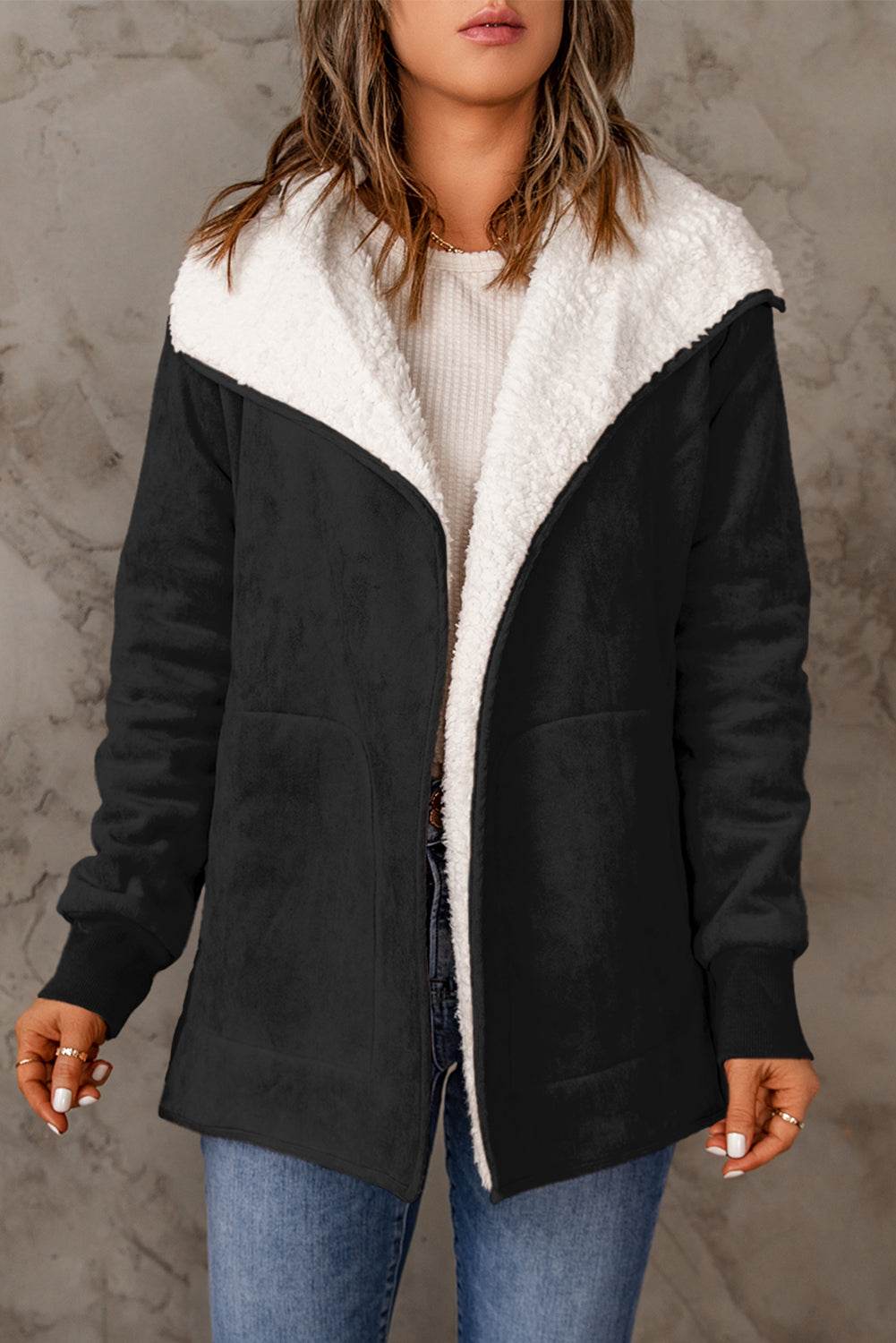 Open Front Long Sleeve Sherpa Jacket for a perfect OOTD – dress to impress outfits from Amexza