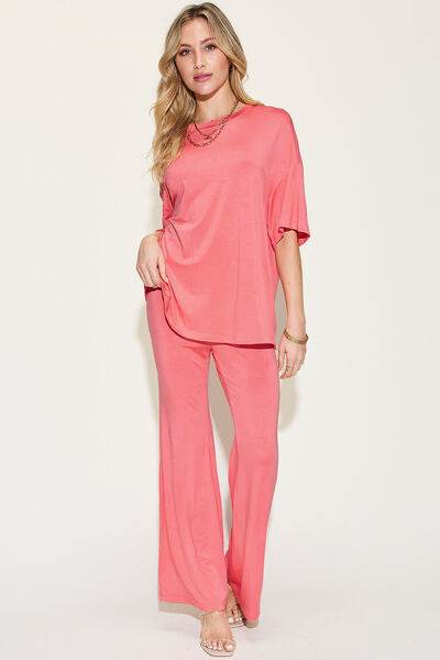 Basic Bae Full Size Bamboo Drop Shoulder T-Shirt and Flare Pants Set Coral for a perfect OOTD – dress to impress outfits from Amexza