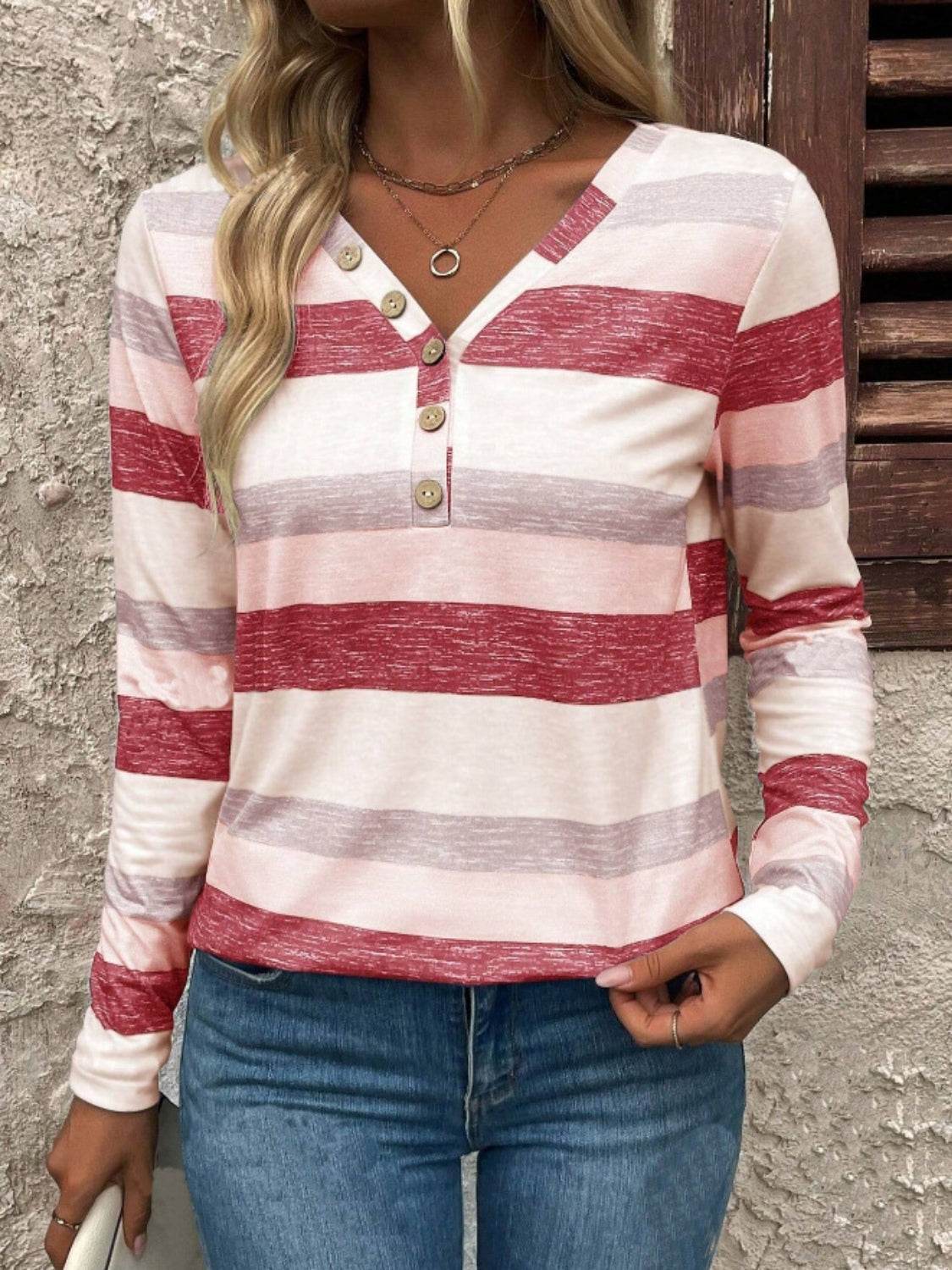 Contrast Striped V-Neck Long Sleeve T-Shirt Blush Pink for a perfect OOTD – dress to impress outfits from Amexza