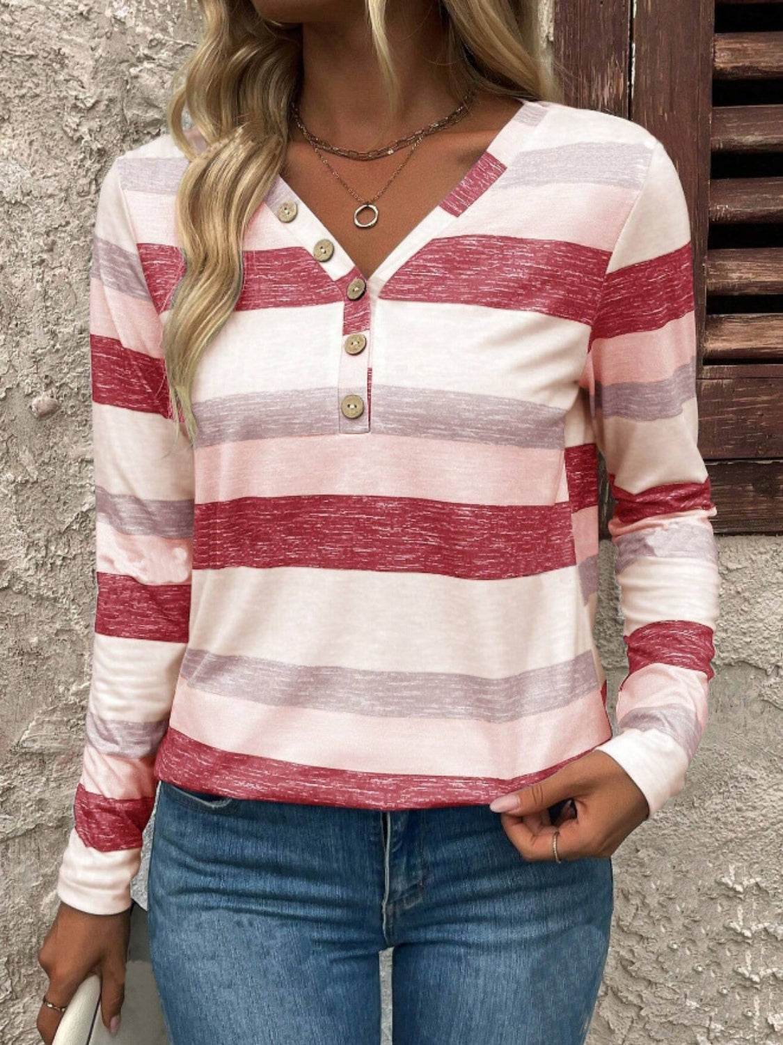 Contrast Striped V-Neck Long Sleeve T-Shirt - Amexza