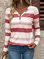 Contrast Striped V-Neck Long Sleeve T-Shirt - Amexza