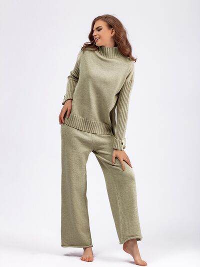 Basic Bae High- Low Turtleneck Long Sleeve Top and Pants Sweater Set - Amexza