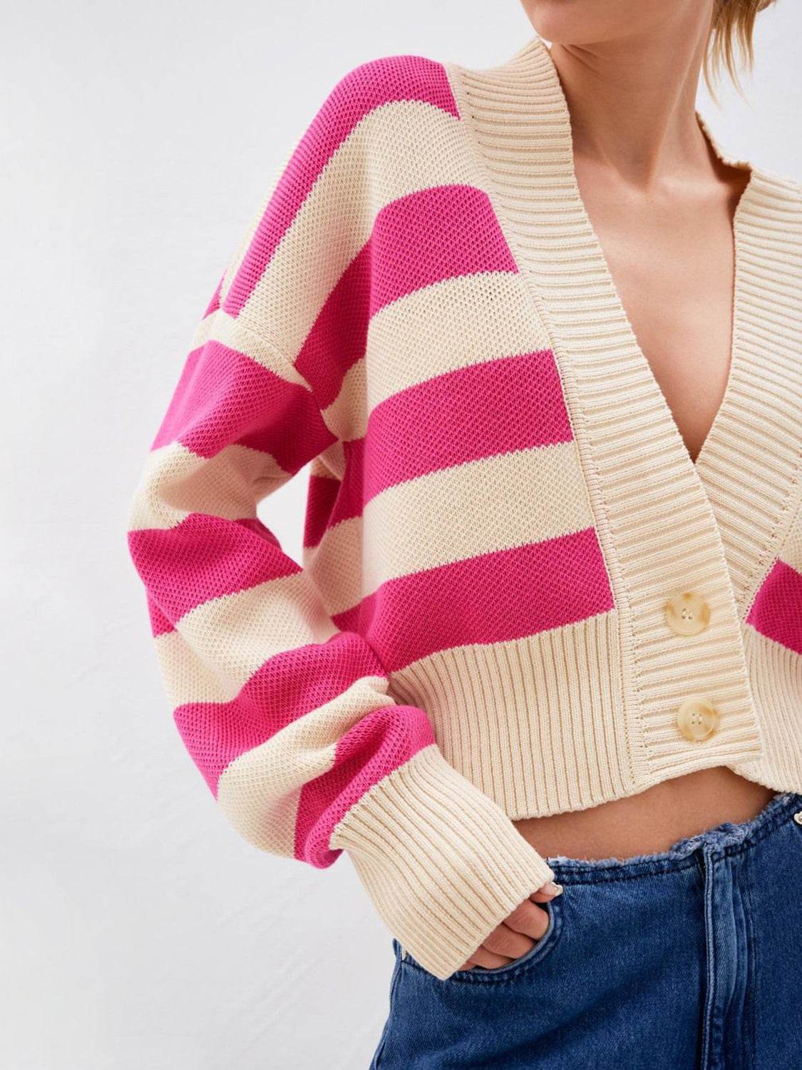 Striped Button Down Drop Shoulder Cardigan - Amexza