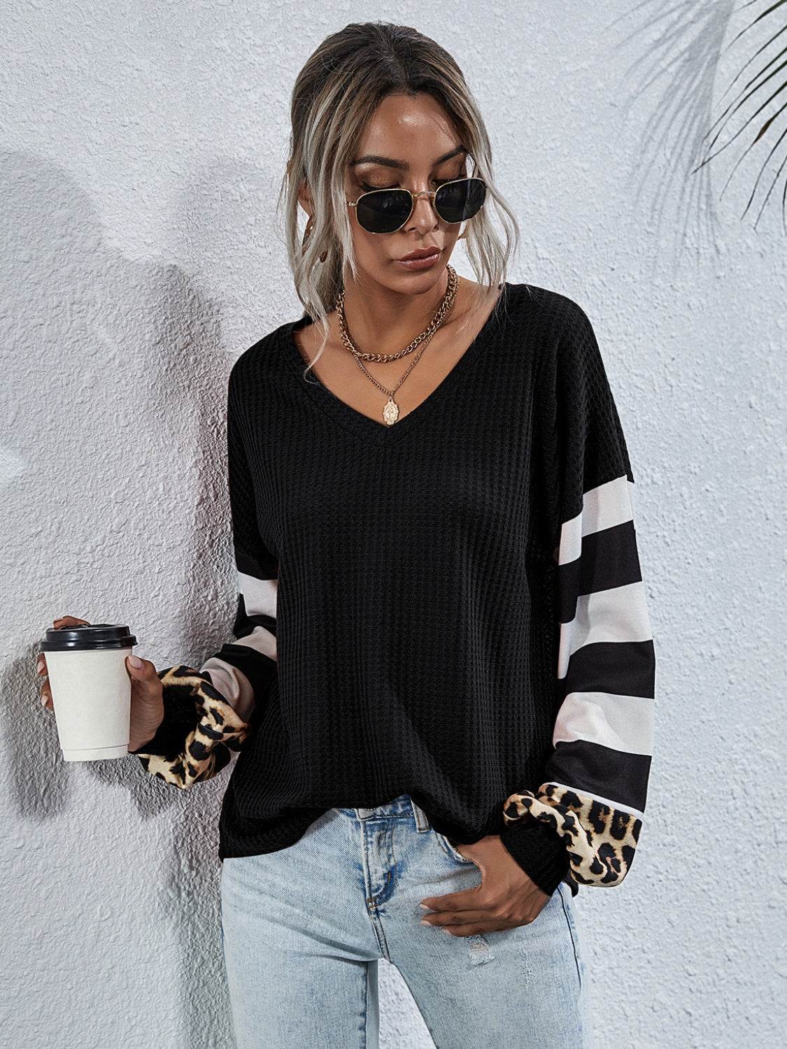 Leopard Striped Waffle-Knit Top - Amexza