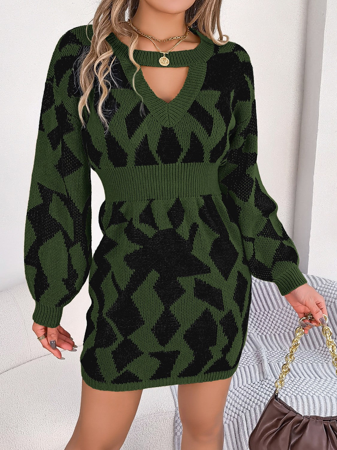 Contrast Round Neck Cutout Long Sleeve Mini Sweater Dress Army Green for a perfect OOTD – dress to impress outfits from Amexza