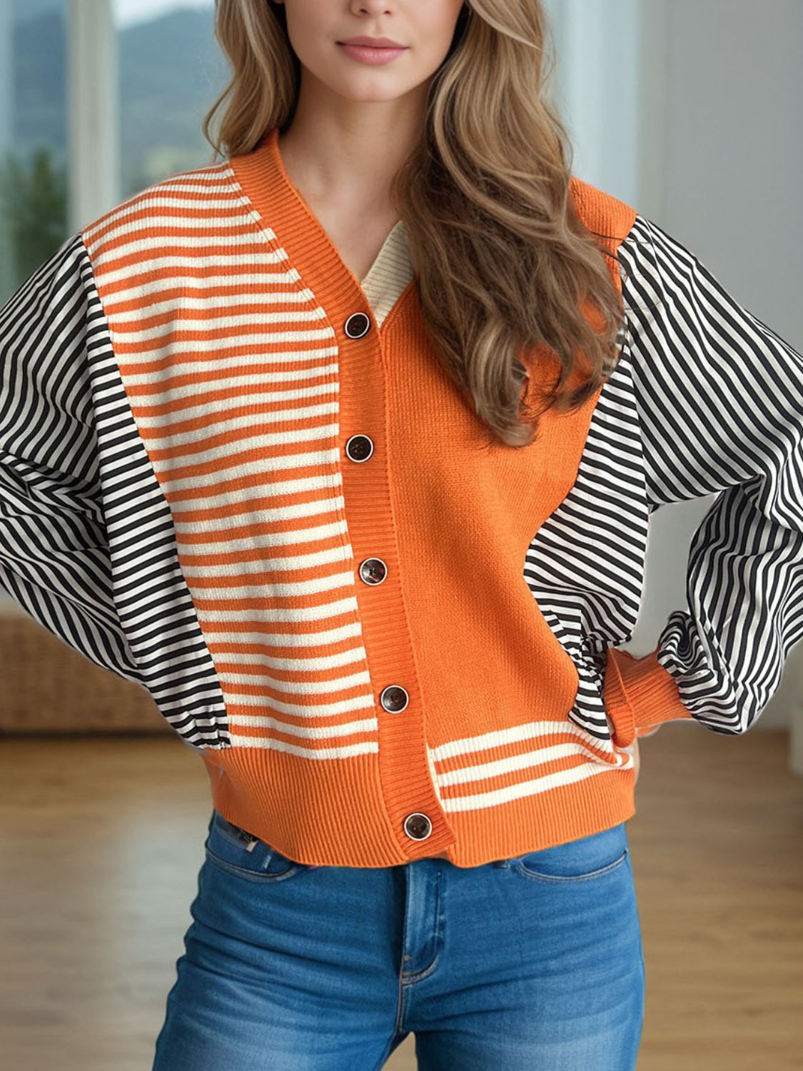 Striped Button Down Long Sleeve Cardigan Orange One Size for a perfect OOTD – dress to impress outfits from Amexza