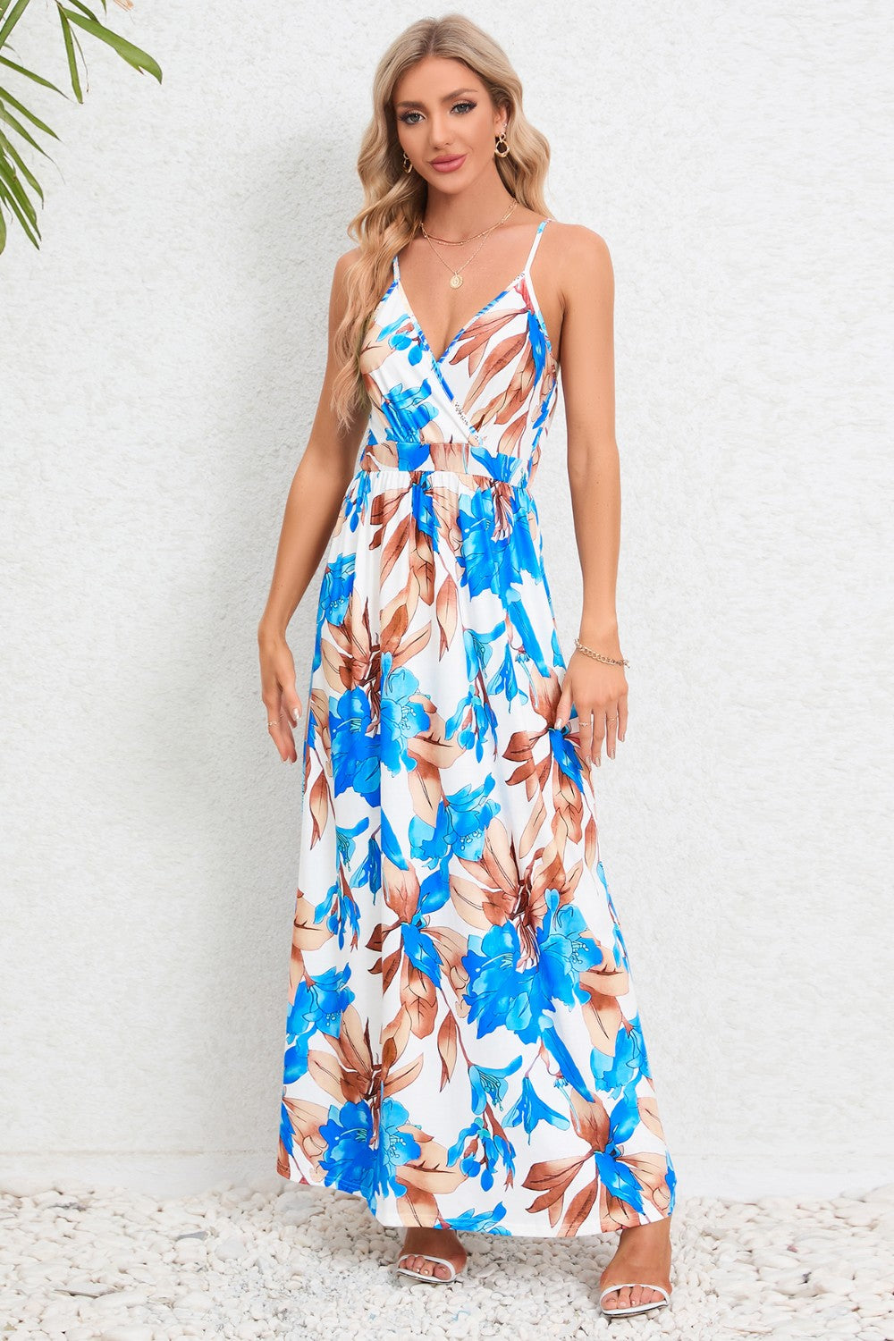 Printed Surplice Maxi Cami Dress - Light Blue / S